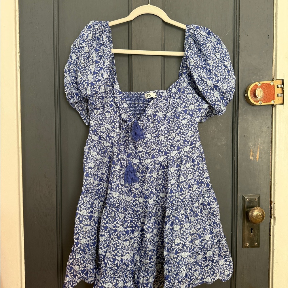 Zara Blue & White Floral Puff-Sleeve Mini Dress